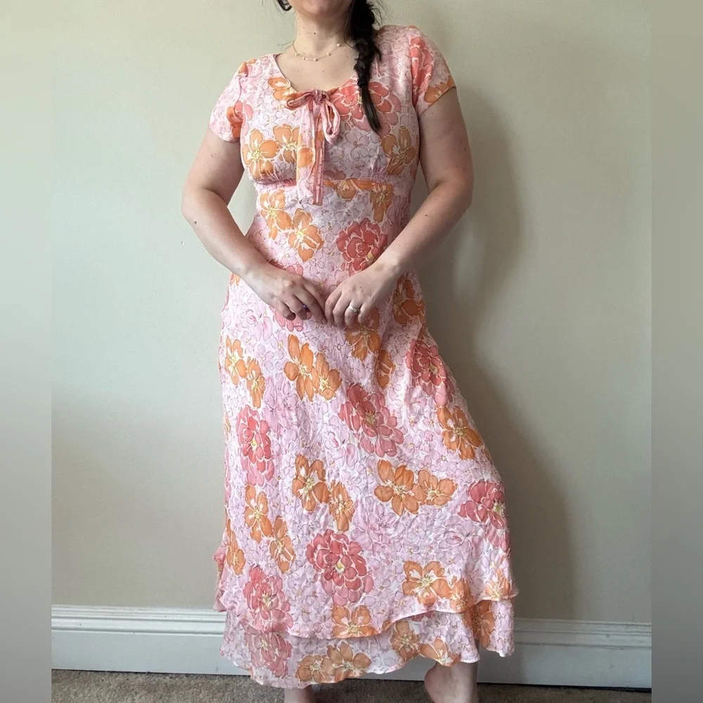 CONSIGNED—Talbots Pink and Orange Silk Floral Dress - Picture 1 of 5